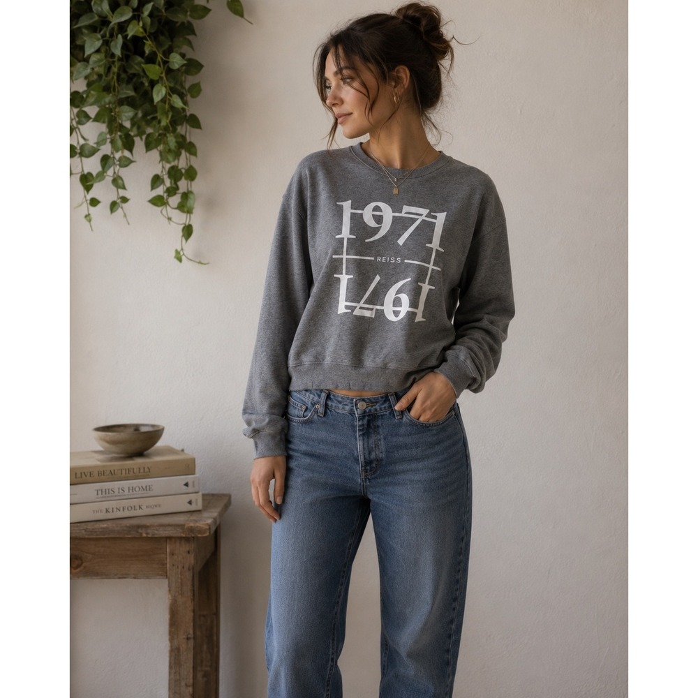 Reiss Aimee 1971 Graphic Sweatshirt Grey Marl Crew‎ Neck Pullover Womens Medium